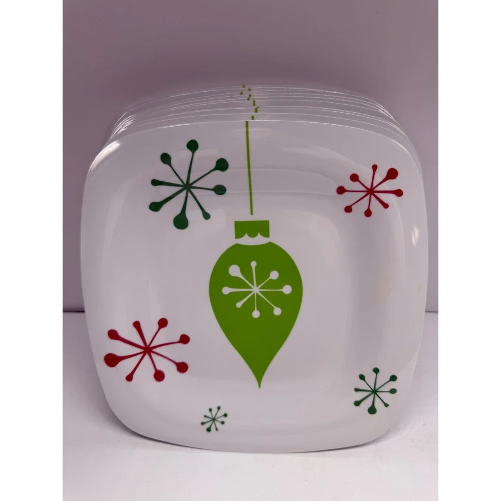 Set of 12 Christmas Melamine Plates Square Mid Century Modern Ornament 9in